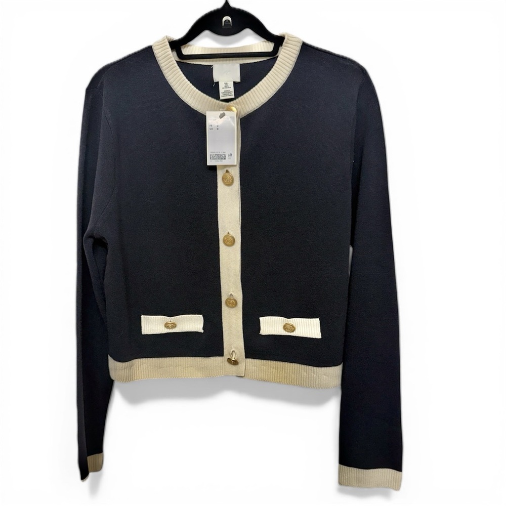 H&M Navy Blue Textured Knit Cardigan with Gold Buttons Size L
